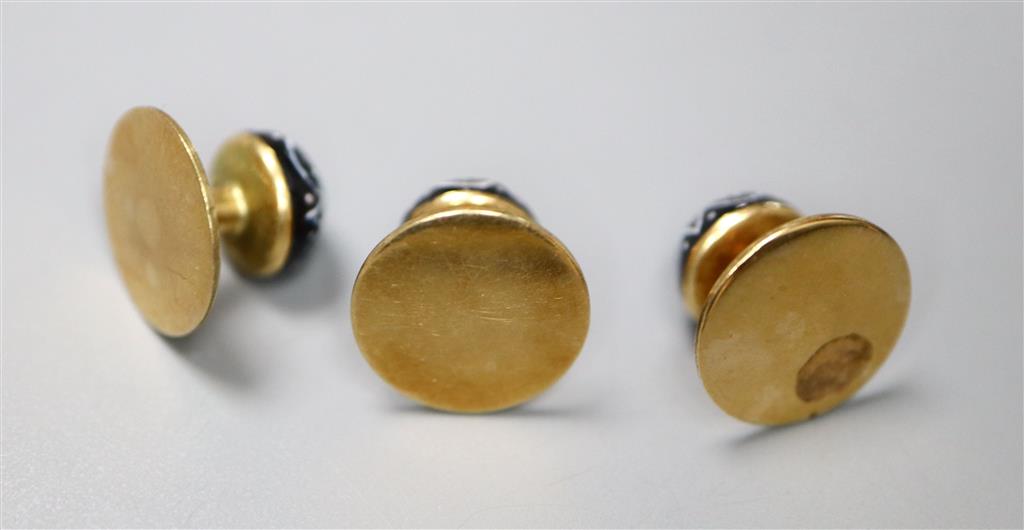 A set of three yellow metal, turquoise and enamel dress studs,
